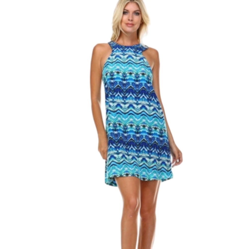Pearle 88 Sleeveless Shift Dress Size XS Blue Green Watercolor Zig Zag Print‎